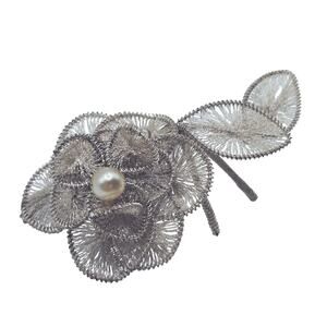 Vtg Fine Silvered Wire Wrapped Abstract Floral Brooch Faux Pearl West Germany